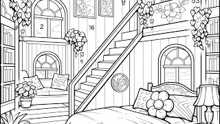 Bedroom with Staircase Green Plants Design Decor Color Oasis #PaintbyNumbers #coloringbook