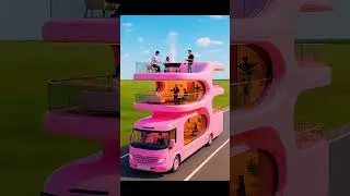 A Surreal Pink Three-story Luxury RV Labeled &lsquo;DREAM RIDE AI #DreamRideAi