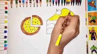 how to draw cake and pizza. Pint. Color. For babies, for children.