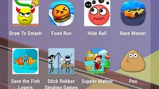 Adventure games.Pou.Food Run Save the fish  Race master 3d drawpuzzle Drawtosmash Hideball