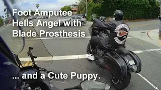 Foot Amputee Hells Angel with Blade Prosthesis... and a Cute Puppy.