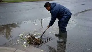 Man Clears Clogged Street Drain During Storm