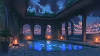 Ancient Bathhouse, Glowing Pool, Sunset Sky, Roman Ruins, Evening Sea