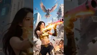 A fearless warrior in golden armor stands amid a shattered city, aiming a massive pink cannon