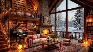 Relaxing Jazz Piano Music❄️ Cozy Winter Library Cabin Ambience & Crackling Fireplace for Work, Study