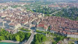 Bern, Switzerland. Federal Palace - Bundeshaus, Bernese Cathedral. Historic city center, Aerial View