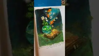 Magical Illustration Art ✨ | Earth, Books & Goldfish | Dreamy Mixed Media Painting 🫧 #artshorts