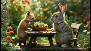A little dog and Rabbit eating Salad in the garden #garden #salad #eating  #breakfast #rabbit #dog