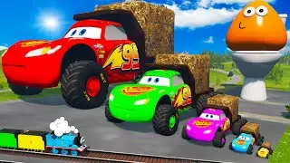 Big & Small McQueen Truck with Straw Bale VS Train - Long Cars vs Deep Lava | BeamNG.Drive
