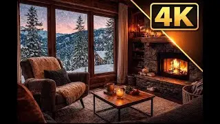 Cozy Cabin Fireplace 4K :fire: Snowy Mountain View | Relax, Sleep - Kominek 4k