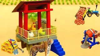 A homemade mini tractor builds a two-story chicken coop on an island after a tiger attack