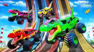 Dino Monster Trucks Drive Wild Spiral Loops - EPIC Monster Jam Mayhem!