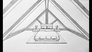 How to draw a attic bedroom in one point perspective