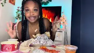 Huge chipotle burrito mukbang with side of Doritos and queso messy big bites