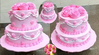 2 Tier Strawberry Cake Design | Pink Colour Flowers Cake Design | 2 Tier Cake Decorating ideas