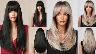 Long Straight Synthetic Wig with Bangs Dark Black Hair Wigs