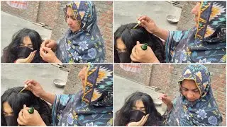 Heavy hair oiling in brown long hair