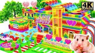 ASMR Fun Inflatable Water Slide From Roofto And Wall In Colorful Hillside Glass House For Cute Pets