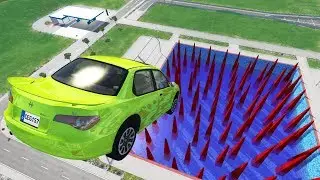 Beamng drive - Cars Jumping into Spike Pool