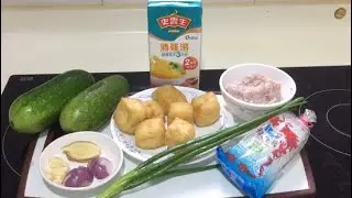 Stir fry hairy gourd, vermicelli noodles with puff tofu  in minced fish filling/simple and easy