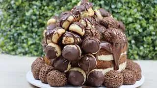 Bolo de vitrine decorado com brigadeiro e carolinas | profiteroles