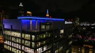 Reflections off Ernst & Young tower during a summer night in Cleveland