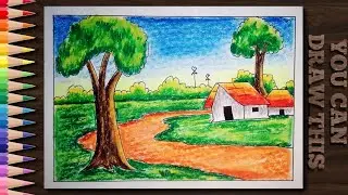 Village Scenery Drawing with Colour Pencil 🎨 | Easy Step by Step Landscape Drawing Tutorial