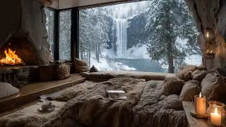 Relaxing Jazz ❄️ Frozen Waterfall & Crackling Fireplace with Cozy Winter Ambience for Sleep & Study