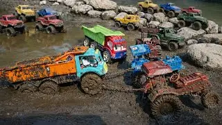 😱 Muddy River Side Accident! Tata Dumper Stuck | Two Mahindra Tractors Power Pulling Out | RK TOY