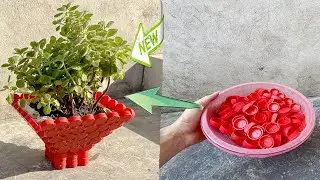 Сделайте красивые красные цветочные горшки из выброшенных крышек от пластиковых бутылок