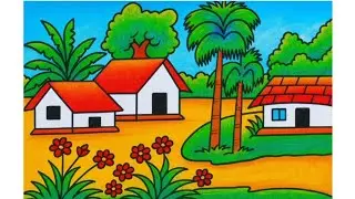 Simple village scenery drawing/How to draw village scenery/Easy landscape scenery drawing/ছবি আঁকা