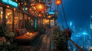 Lofi Cozy Floating Galleon Ship Rain at Midnight Over Neon City | For Sleep, Study, & Relaxation