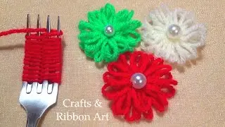 Super Easy Woolen Craft Ideas with Fork- Hand Embroidery Amazing Trick- Sewing Hack- DIY Yarn Flower