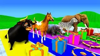 Long Slide Game With Bull Tiger Horse Elephant Hippopotamus - 3d Animal Game - Funny 3d Animals