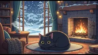 Cozy Fireplace with Sleepy Cat 🌧️🔥 Peaceful Lofi for Night Relax