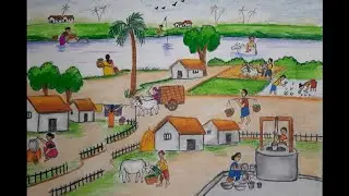How to draw the scenery of village life easy|scenery of people busy in the village step by step