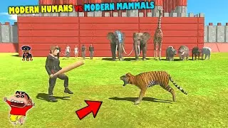 MODERN HUMAN vs MODERN MAMMALS😱| SHINCHAN and CHOP fight DINOSAURS😂Funny game in Hindi animal revolt
