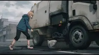 A vacuum sweeper truck vacuums up trash