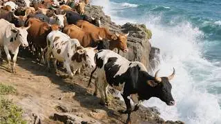 Happy cows graze on the steep mountain slopes - Cow mooing sounds - Cow videos