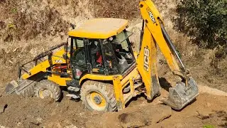 Backhoe Opening New Track on Hill - Happy Villagers Watching - Rural area Hilly Road Construction