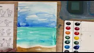 Silly seagull on a beach collage: time-lapse art class demonstration