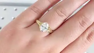 Vintage Oval Lab Diamond Engagement Ring, Custom Filigree Engraved Band