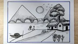 Beautiful Village Scenery Drawing with Mountain and River | গ্রামীণ পাহাড়ি দৃশ্য আঁকার কৌশল 