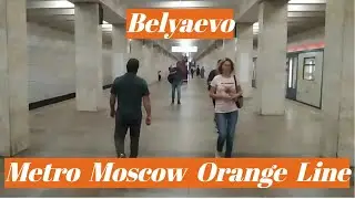 Belyaevo metro station, Moscow, Orange Line - interior view, departure of the train Fragment 2