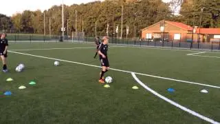 Oefening voetenwerk en afronden op goal.