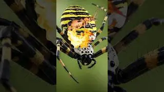 Bombardier beetle spits fire and burns the aggressive striped spider