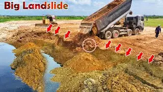 OMG!! NEW Incredible, Strong Power Komatsu D60P Dozer Pushing Soil Repair Sink Land Next To The Lake