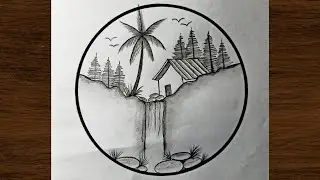 How To Draw Waterfall Scenery Drawing | Circle Drawing For Beginners