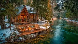 Winter Cabin Morning Ambience by the River ❄️ Fire Crackles, Flowing Water & Birds