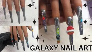 XXL COFFIN POLYGEL NAILS | GALAXY NAIL ART| 3D NAIL ART
